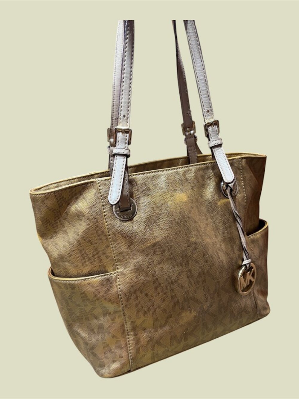 MICHAEL KORS JET SET TRAVEL SIGNATURE METALLIC GOLD TOTE - EUC